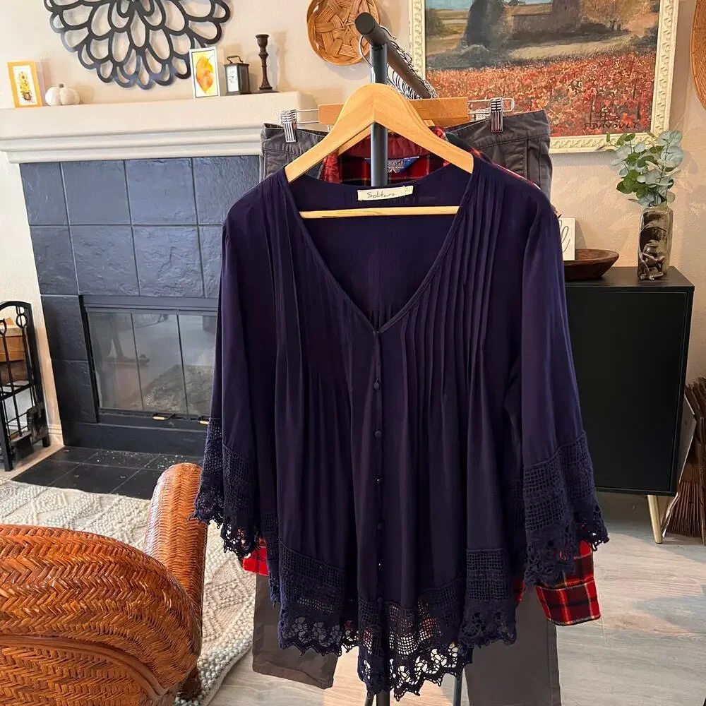 Solitaire Blouse Womens Size 2X Navy Blue Pintuck Button Down Embroidery Boho - Picture 15 of 15